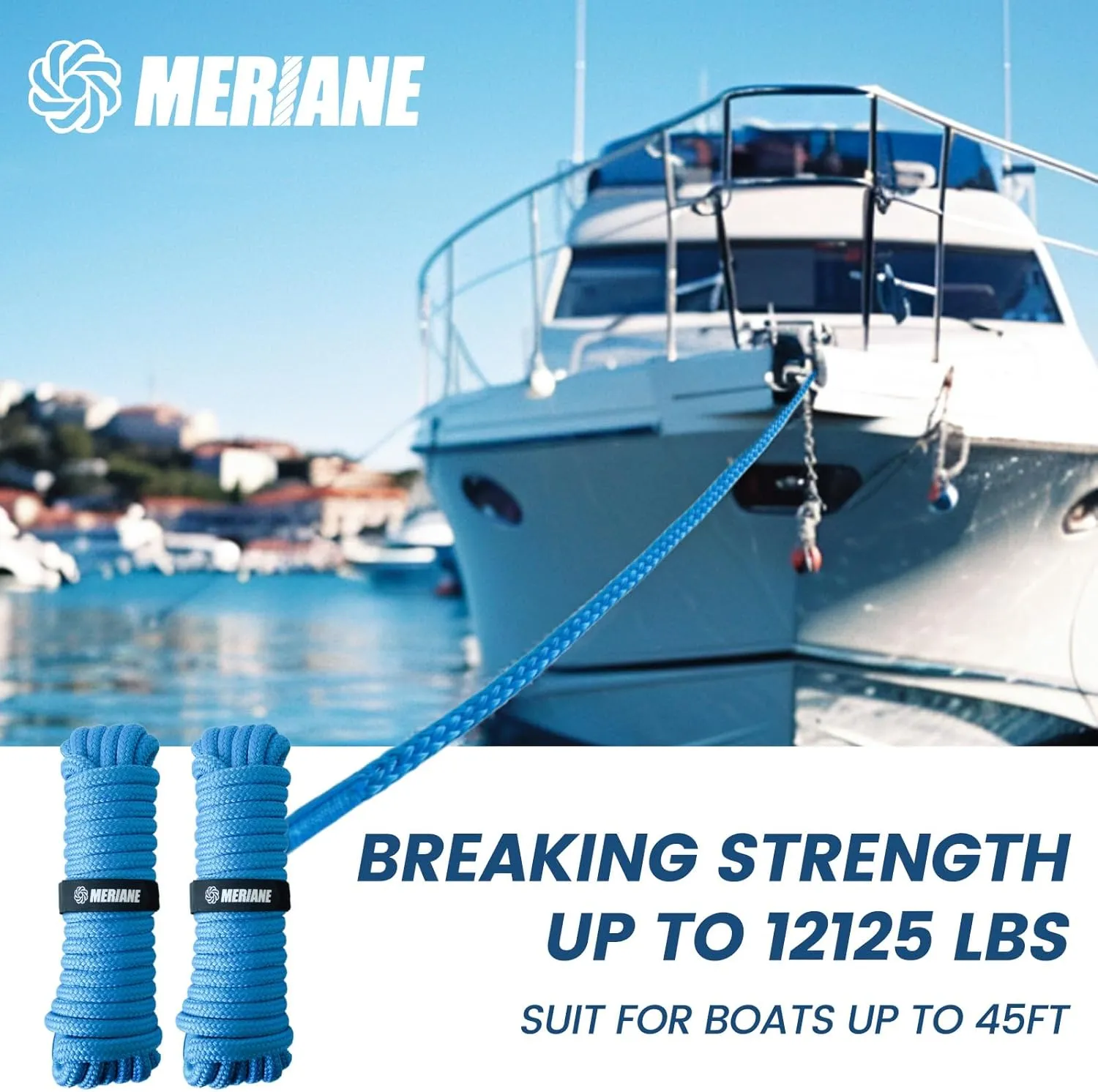 2 Pack Blue Boat Dock Lines Ropes, Marine-Grade Premium Double Braided Nylon Boat Lines, Boat Ropes with 12" Eyelet for Boat & Pontoon 1/2"/5/8" 25ft/35ft