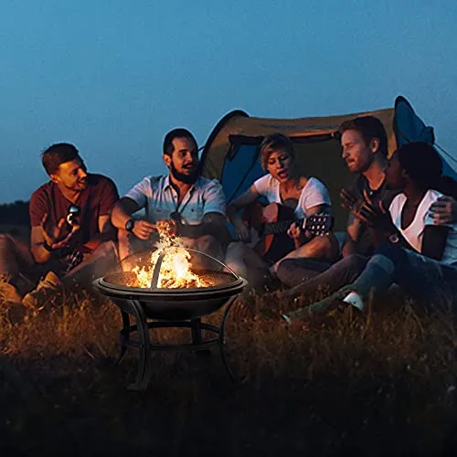 22 inch Fire Pit for Outside Outdoor Wood Burning Small Bonfire Pit Steel Firepit Bowl for Patio Camping Backyard Deck Picnic Porch,with Spark Screen,Log Grate,Poker