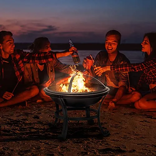 22 inch Fire Pit for Outside Outdoor Wood Burning Small Bonfire Pit Steel Firepit Bowl for Patio Camping Backyard Deck Picnic Porch,with Spark Screen,Log Grate,Poker