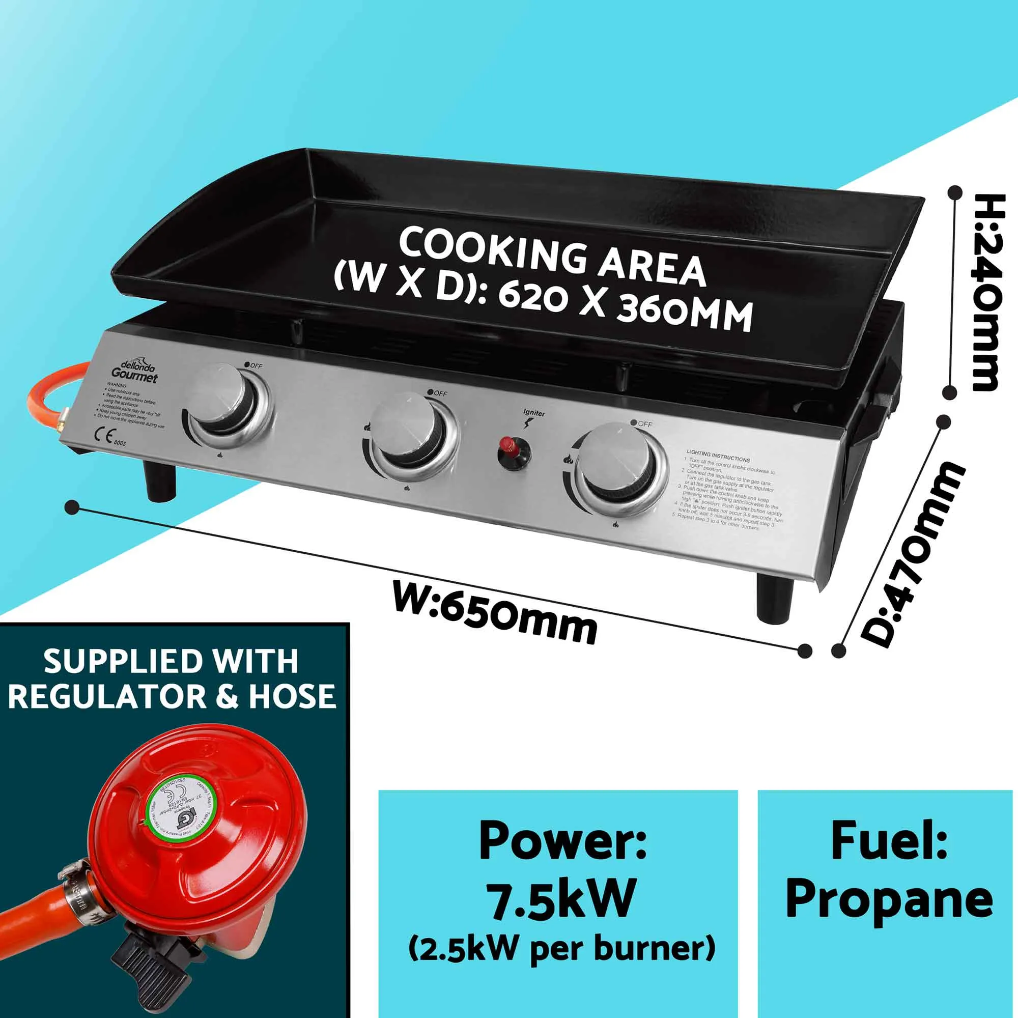 3 Burner Portable Gas Plancha 7.5kW BBQ Griddle with Cover, Stainless Steel - DG233
