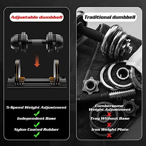 ALTLER Adjustable Dumbbell, 2PCS 22lb Dumbbell Set with Tray for Fitness, Fast Adjust Weight by Turning Anti-Slip Handle, Safety with 8 Lock Slots, Suitable for Men and Women, Black (AL-DB2202)