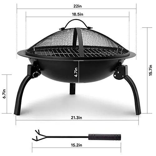 Amagabeli Fire Pit Outdoor Wood Burning Portable Folding 22in Firepit Firebowl Fireplace Poker Spark Screen Retardant Mesh Lid Deep Round Outside Backyard Camping Metal Grate Rustproof Black