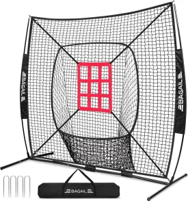 BAGAIL 7x7 ft Baseball & Softball Practice Net with Bow Frame for Batting, Hitting, Pitching, Portable Baseball Throwing Net with Strike Zone, Carry Bag, Baseball Training Aid for All Levels