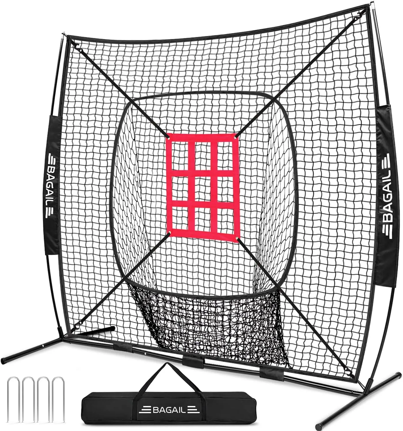 BAGAIL 7x7 ft Baseball & Softball Practice Net with Bow Frame for Batting, Hitting, Pitching, Portable Baseball Throwing Net with Strike Zone, Carry Bag, Baseball Training Aid for All Levels