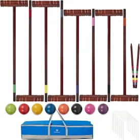 Croquet Set for Adults - 8 Players Croquette Kit with 35In Deluxe, 32In Regulation Size Rubber Wood Mallets, Colored PE Ball, Wickets, 24In End Stakes, Lawn Backyard Game for Families
