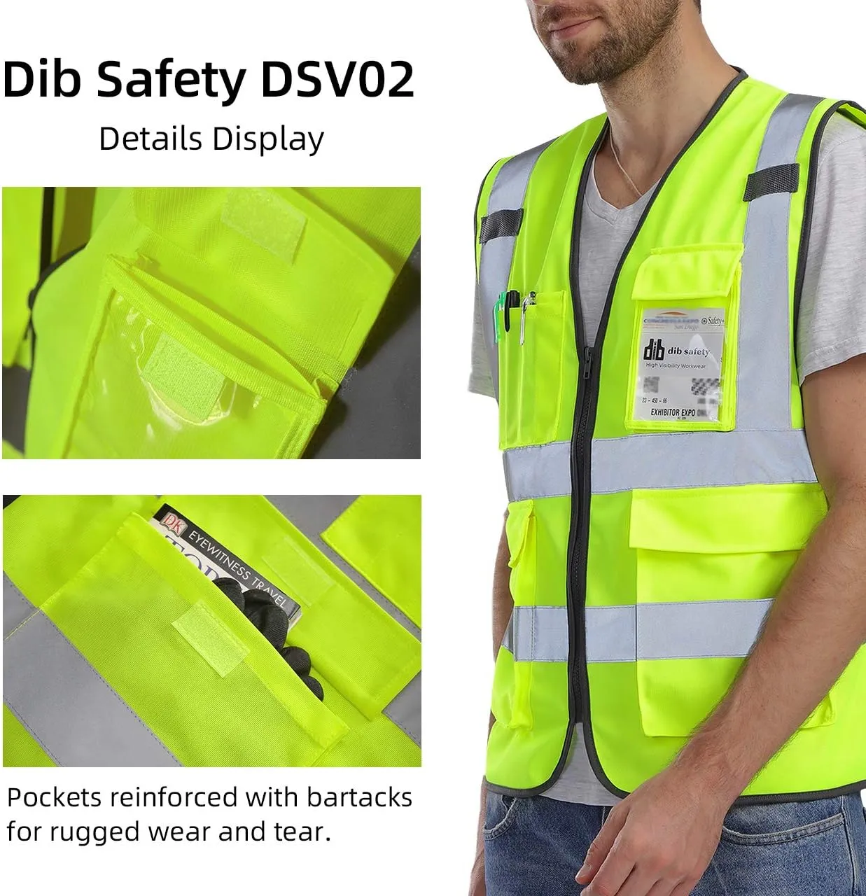 Dib Safety Vest Reflective ANSI Class 2, High Visibility Vest with Pockets and Zipper, Construction Work Vest Hi Vis Yellow M