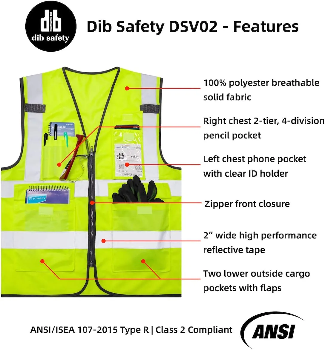 Dib Safety Vest Reflective ANSI Class 2, High Visibility Vest with Pockets and Zipper, Construction Work Vest Hi Vis Yellow M