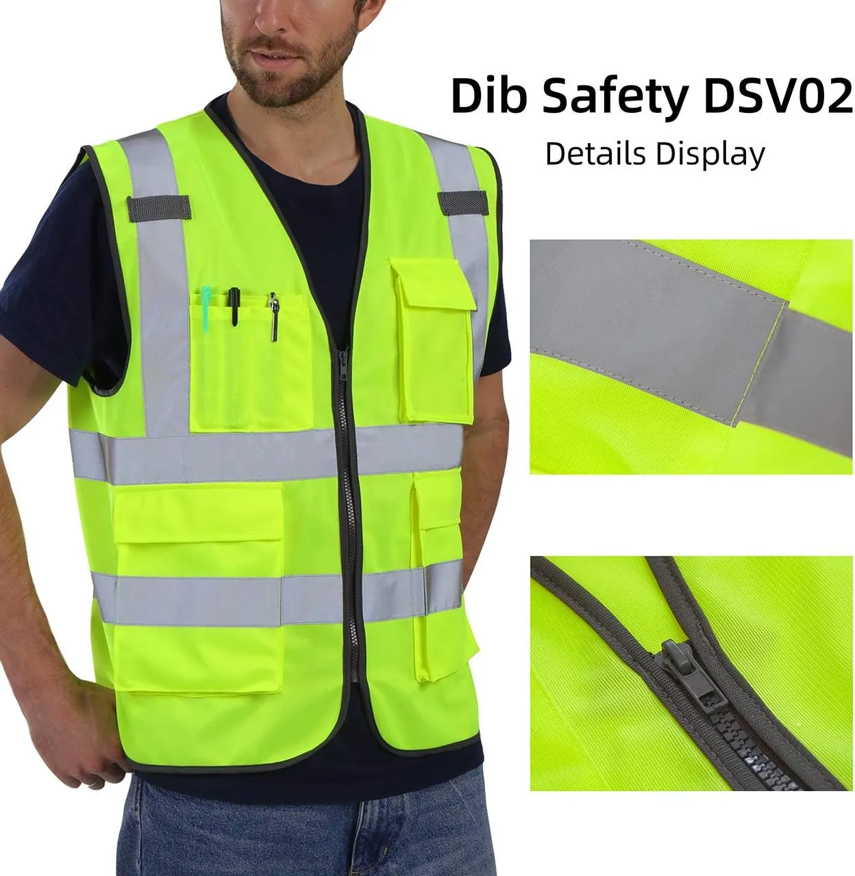 Dib Safety Vest Reflective ANSI Class 2, High Visibility Vest with Pockets and Zipper, Construction Work Vest Hi Vis Yellow M