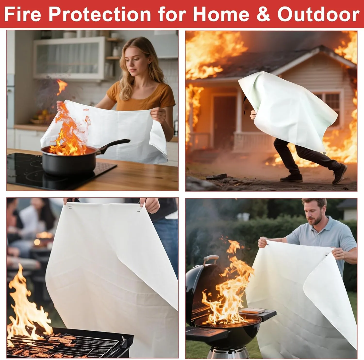 FJNATINH Emergency Fire Blanket for Home and Kitchen - 40x40'' Fiberglass Flame-Retardant Fire Blanket with Hook, for Fireplace, Grill, Warehouse, Camping, Family Use (2-Pack)