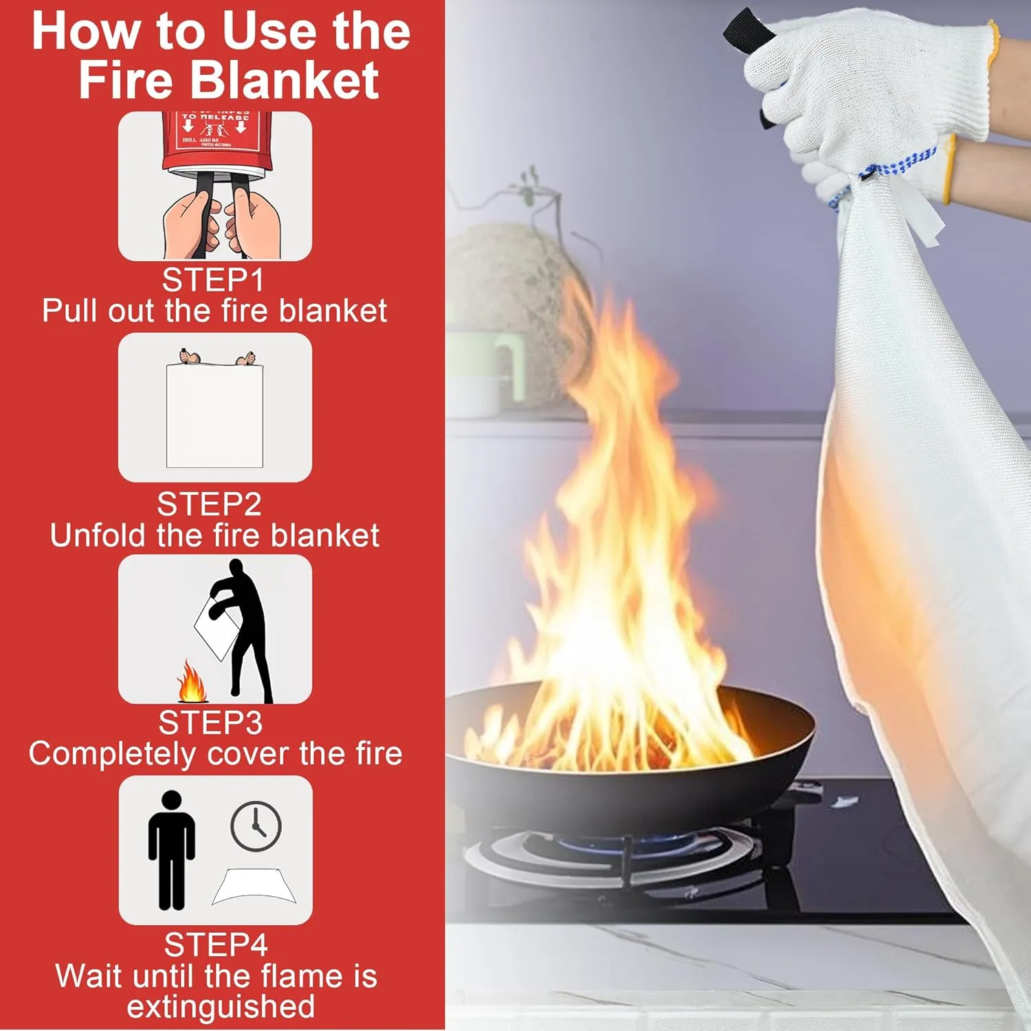 FJNATINH Emergency Fire Blanket for Home and Kitchen - 40x40'' Fiberglass Flame-Retardant Fire Blanket with Hook, for Fireplace, Grill, Warehouse, Camping, Family Use (2-Pack)