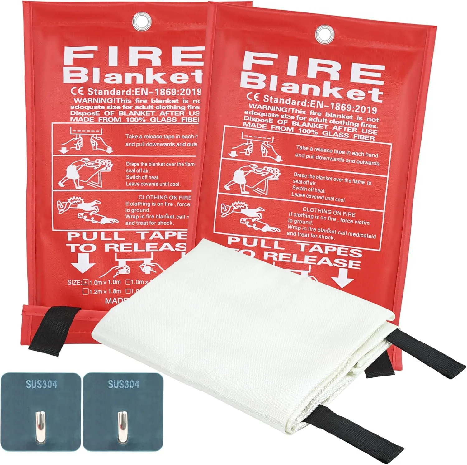 FJNATINH Emergency Fire Blanket for Home and Kitchen - 40x40'' Fiberglass Flame-Retardant Fire Blanket with Hook, for Fireplace, Grill, Warehouse, Camping, Family Use (2-Pack)