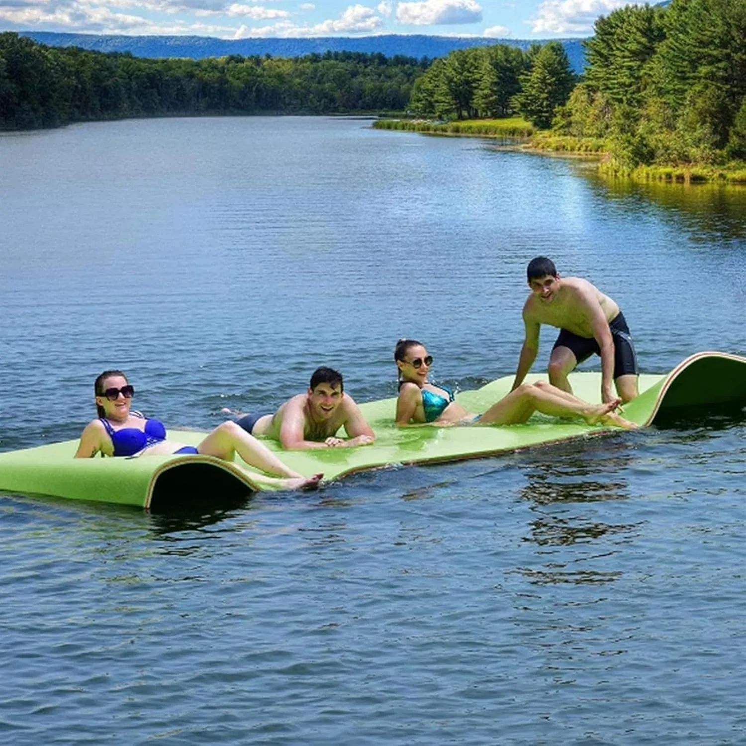 Floating Mat, Floating Water Mat, with Rolling Pillow Design, Bouncy Tear-Resistant 3-Layer XPE Foam, Roll-Up Floating Island River Rafts(Green,4mx1.8mx3.3cm)