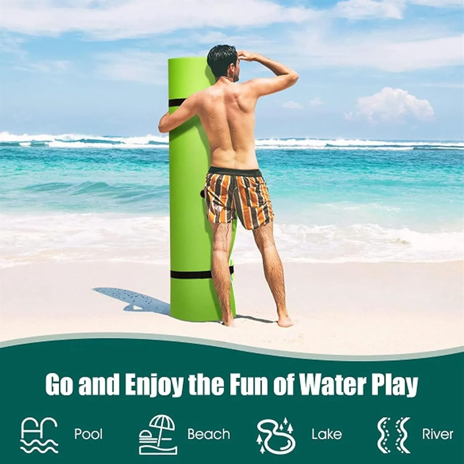 Floating Mat, Floating Water Mat, with Rolling Pillow Design, Bouncy Tear-Resistant 3-Layer XPE Foam, Roll-Up Floating Island River Rafts(Green,4mx1.8mx3.3cm)