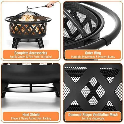 KINGSO 2-in-1 Outdoor Fire Pit with Cooking Grate 30" Heavy Duty Fire Pits Outdoor Wood Burning Steel BBQ Grill Firepit Bowl with Spark Screen Cover Log Grate Fire Poker for Backyard Bonfire Patio