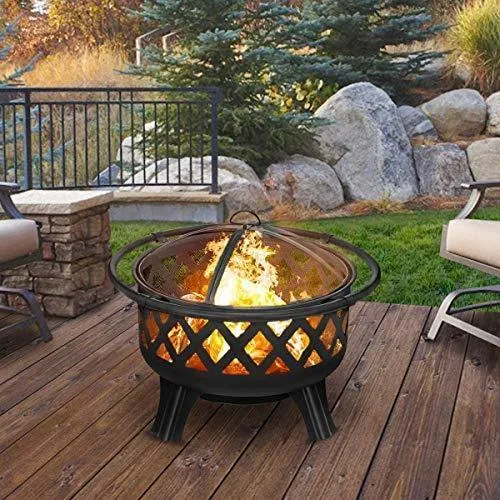 KINGSO 2-in-1 Outdoor Fire Pit with Cooking Grate 30" Heavy Duty Fire Pits Outdoor Wood Burning Steel BBQ Grill Firepit Bowl with Spark Screen Cover Log Grate Fire Poker for Backyard Bonfire Patio