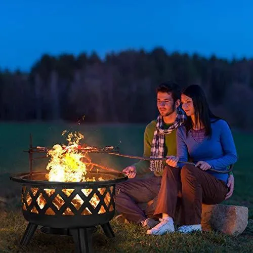 KINGSO 2-in-1 Outdoor Fire Pit with Cooking Grate 30" Heavy Duty Fire Pits Outdoor Wood Burning Steel BBQ Grill Firepit Bowl with Spark Screen Cover Log Grate Fire Poker for Backyard Bonfire Patio