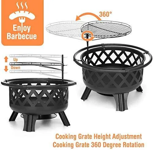 KINGSO 2-in-1 Outdoor Fire Pit with Cooking Grate 30" Heavy Duty Fire Pits Outdoor Wood Burning Steel BBQ Grill Firepit Bowl with Spark Screen Cover Log Grate Fire Poker for Backyard Bonfire Patio