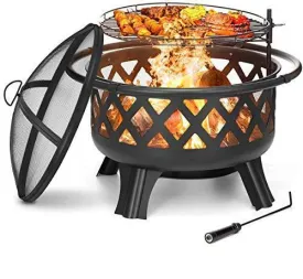 KINGSO 2-in-1 Outdoor Fire Pit with Cooking Grate 30" Heavy Duty Fire Pits Outdoor Wood Burning Steel BBQ Grill Firepit Bowl with Spark Screen Cover Log Grate Fire Poker for Backyard Bonfire Patio