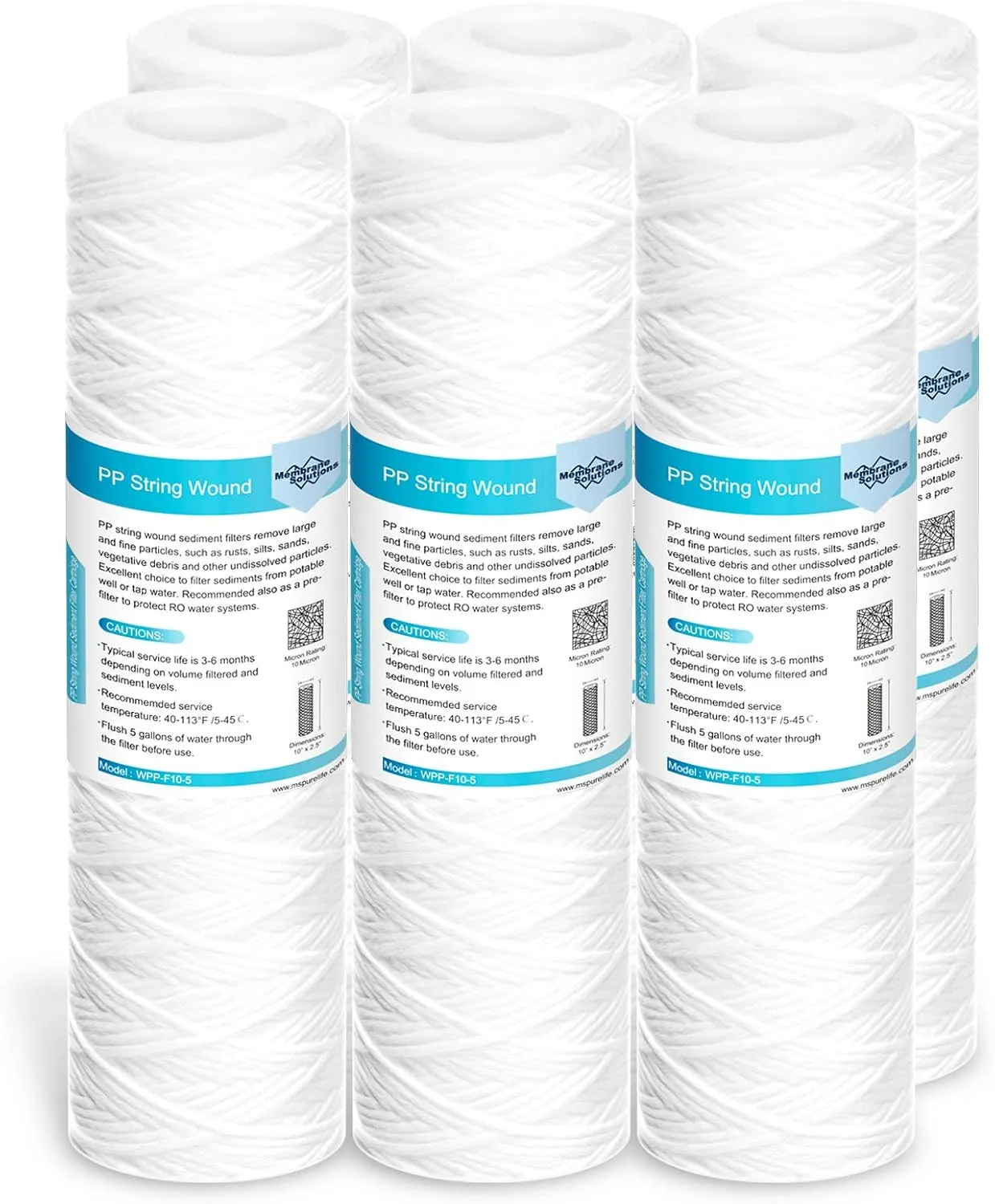 Membrane Solutions 10 Micron 10"x2.5" String Wound Whole House Water Filter Replacement Cartridge Universal Sediment Filters for Well Water - 6 Pack