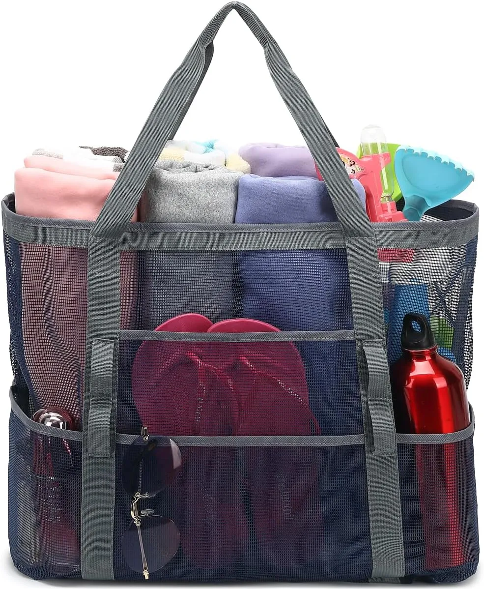 Mesh Beach Bag, Large Beach Tote with Zipper Pocket for Family Pool Bag for Toys & Vacation Essentials