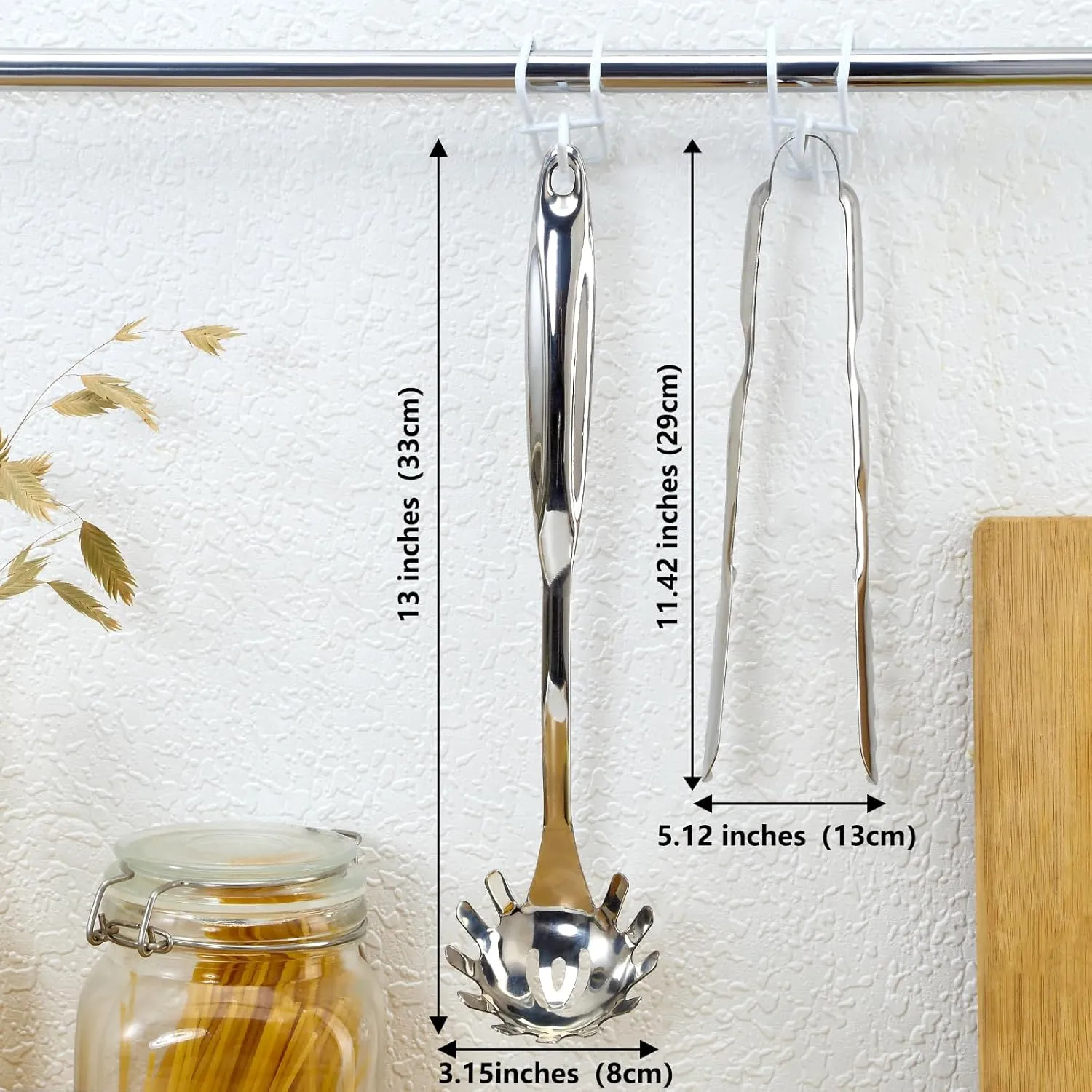 Pleafind Spaghetti Spoon and Spaghetti Tong 2-Piece Set, 13-Inch Non-Stick Spaghetti Fork and 9-Inch Kitchen Tong, Easy Storage and Cleanup, Ergonomic Design, stainless steel, Silver