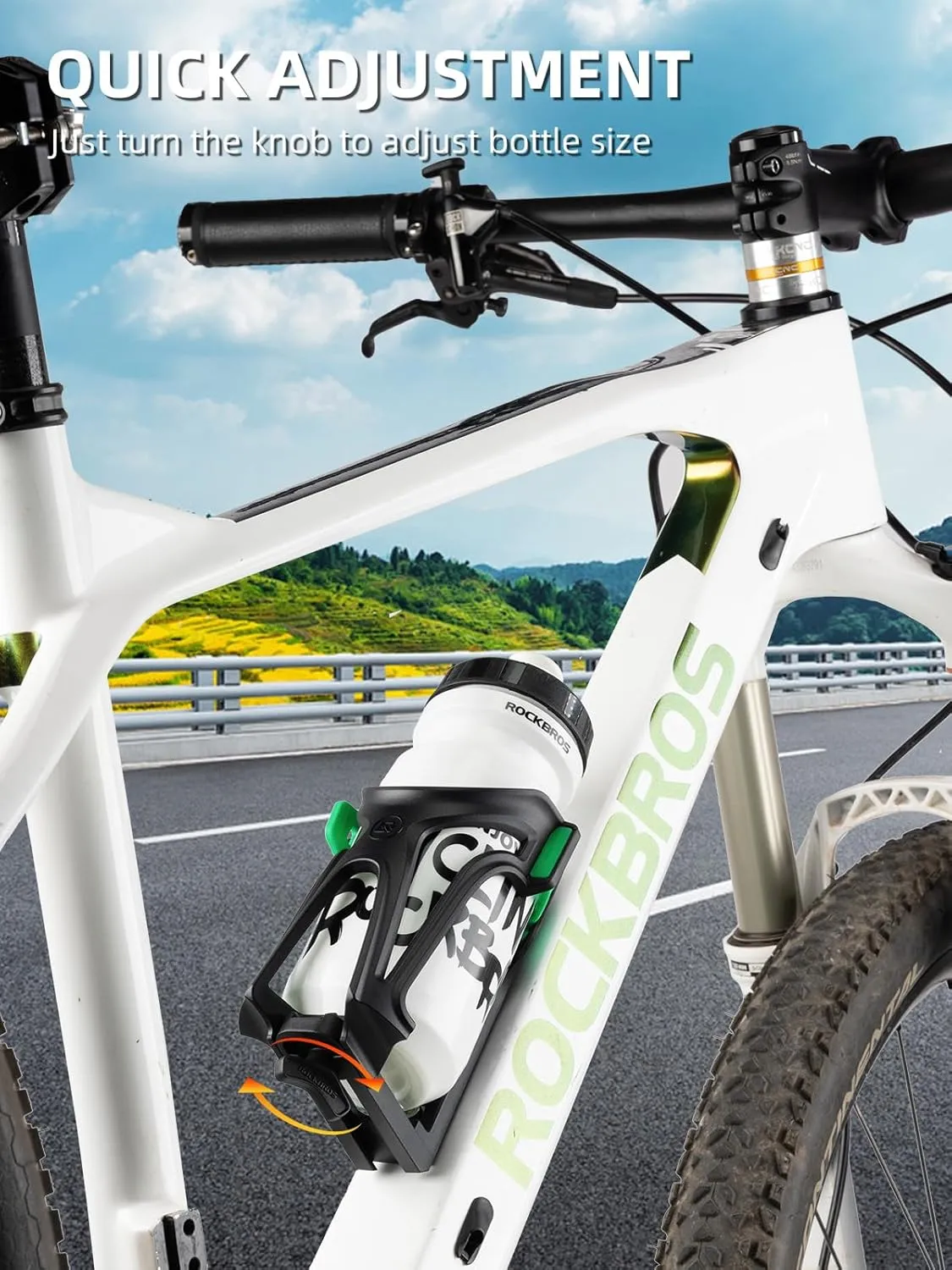 ROCKBROS Motorcycle Water Bottle Holder Bike Cup Holder - Bottle Size Adjustable for Handlebar & Frame for 2.3-3.74" Diameter Bottles,Bike Green