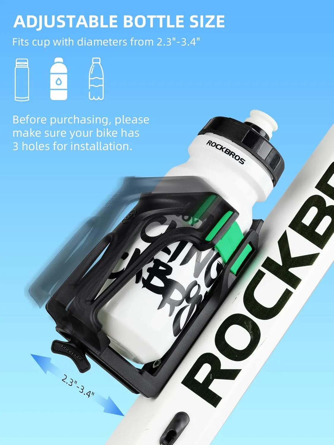 ROCKBROS Motorcycle Water Bottle Holder Bike Cup Holder - Bottle Size Adjustable for Handlebar & Frame for 2.3-3.74" Diameter Bottles,Bike Green