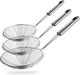 Spider Strainer Skimmer Spoon, HSpiow Set of 3 Sizes Frying Spoon Stainless Steel Fryer Scoop Wire Strainer Ladle with Long Handle for Kitchen Frying Cooking Food Pasta