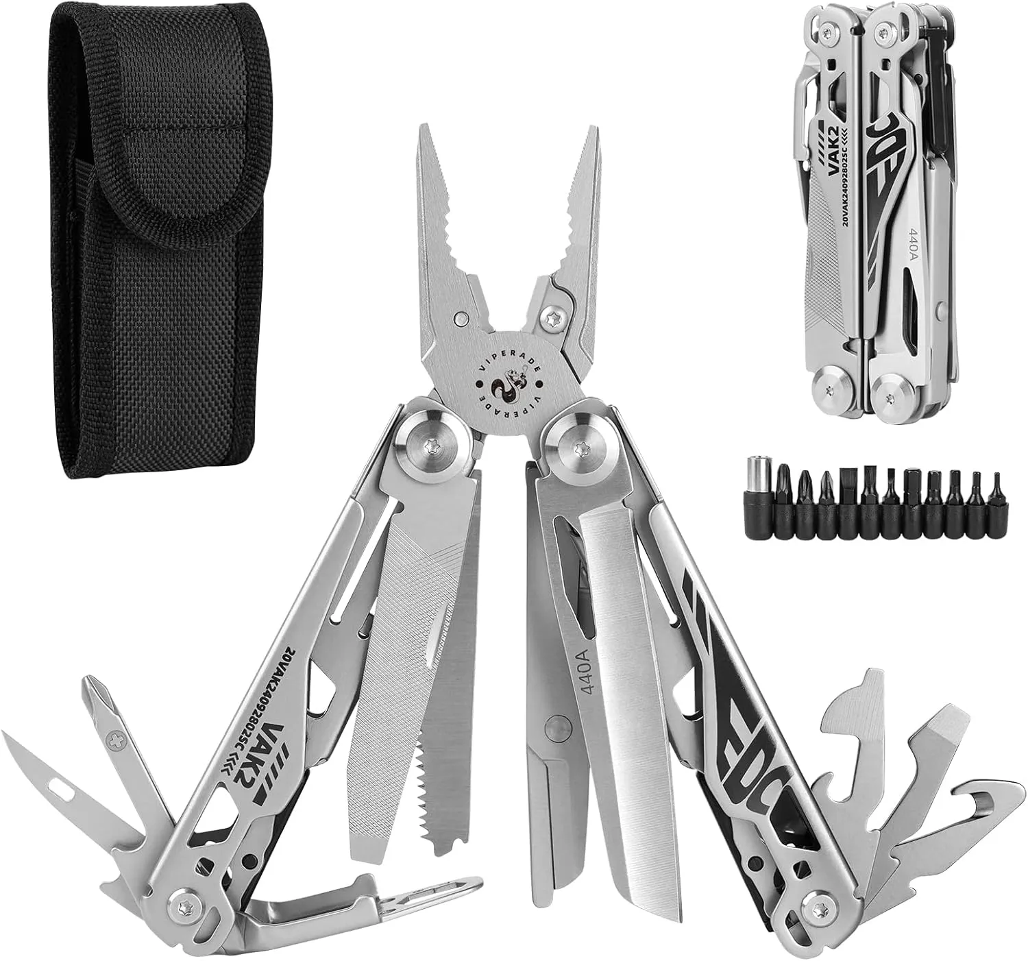 Viperade VAK2 Multitool, 20 In 1 Stainless Steel Multi Tool Pliers, Pocket Knife with Self-Locking, Foldable Heavy-duty Multitools with Scissors and Screwdriver Bits Set for Hiking, Camping, Repair